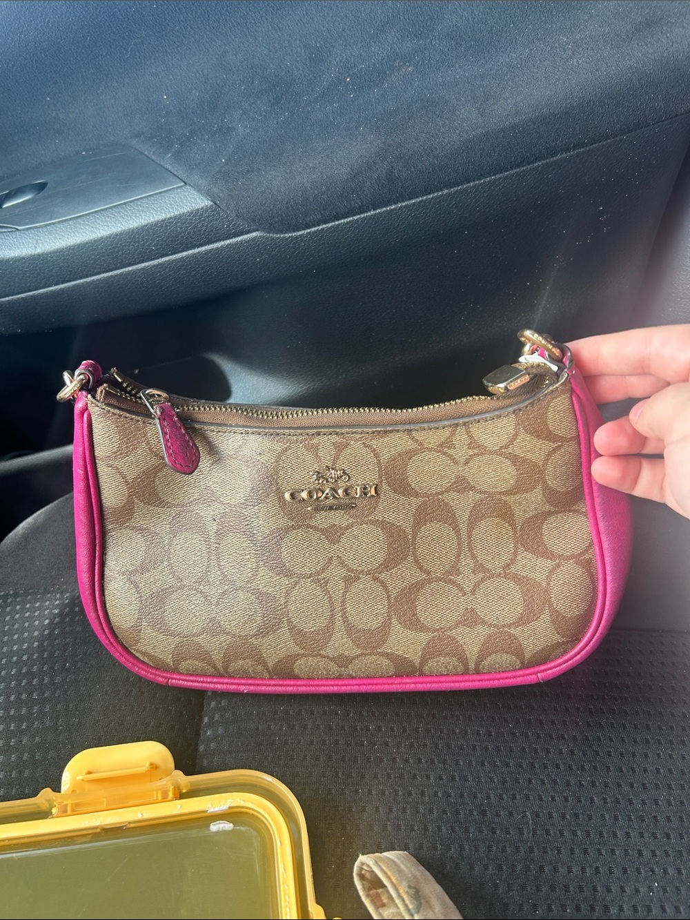 Coach Mini Shoulder Bag in Brown Signature Canvas with Pink Trim